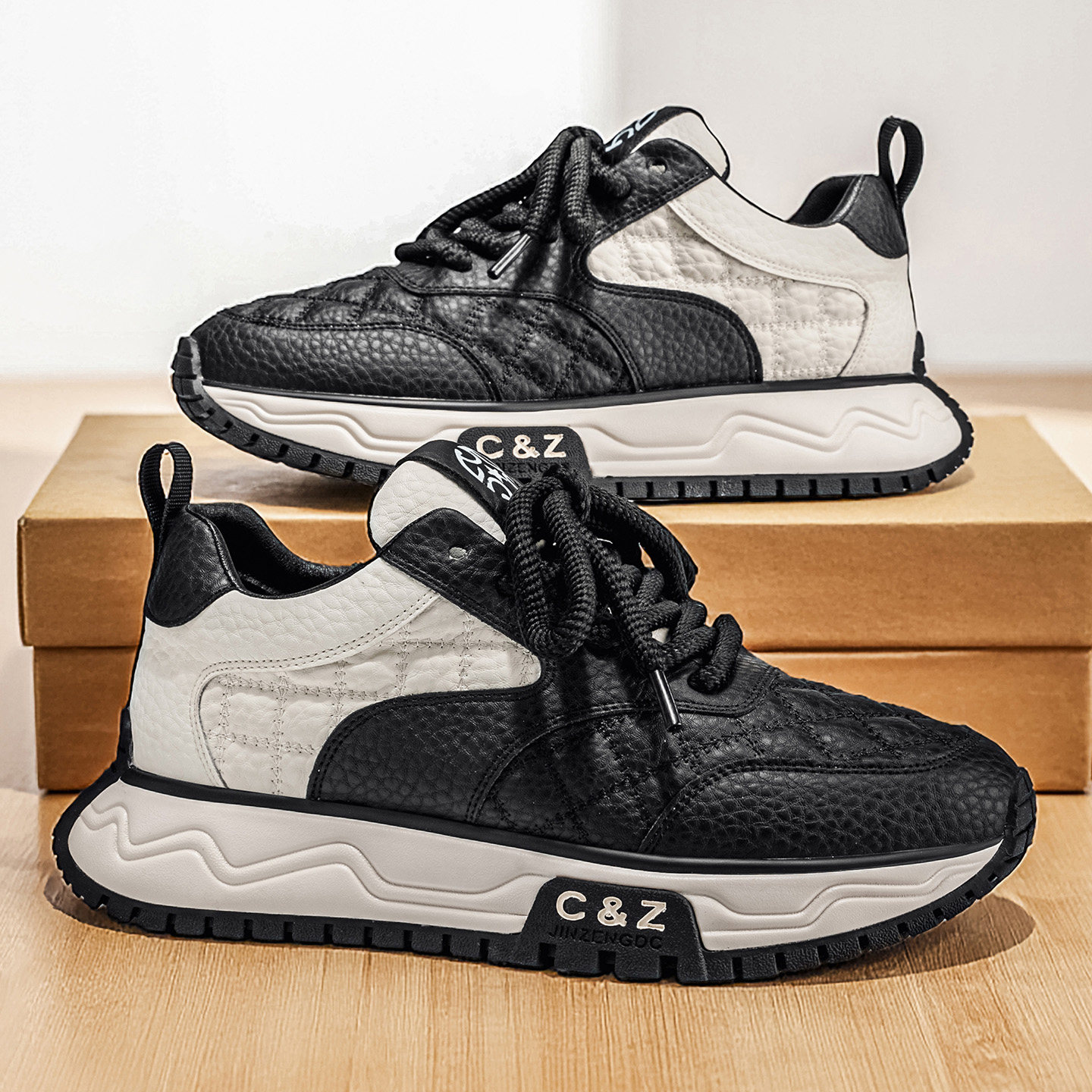 男鞋潮牌高级感痞帅黑白拼色运动休闲鞋百搭户外厚底复古老爹鞋男