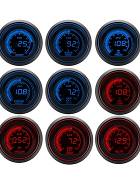 汽车改装EVO液晶仪表52mm涡轮电压表水温表油温表红蓝双色背光灯