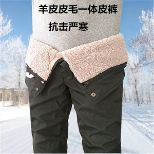 清仓皮毛一体皮裤男女士高腰骑行真皮绵羊内胆羊毛裤冬中老年冬季