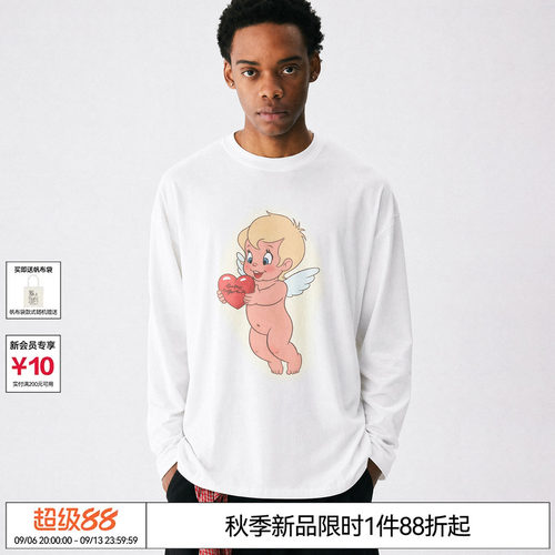 EMPTY REFERENCE白色纯棉打底衫手绘爱心天使印花上衣休闲长袖T恤