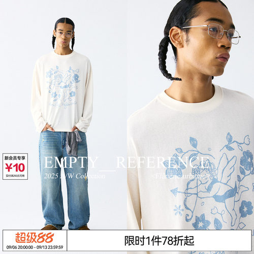 EMPTY REFERENCE 雪花肌理手绘天使与花朵印花上衣长袖T恤打底衫