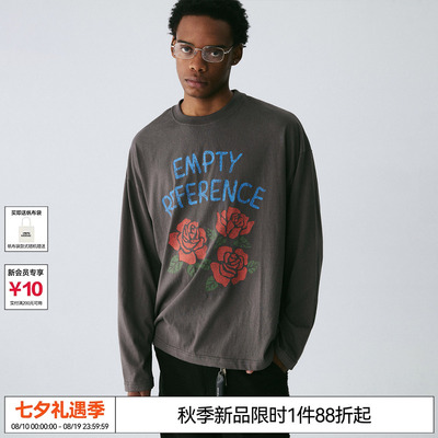EMPTY REFERENCE 碳灰色手绘斑驳玫瑰印花雪花棉宽松上衣长袖T恤