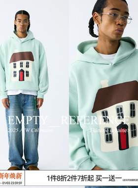 EMPTY REFERENCE 薄荷绿手绘童话房子印花宽松长袖重磅连帽卫衣