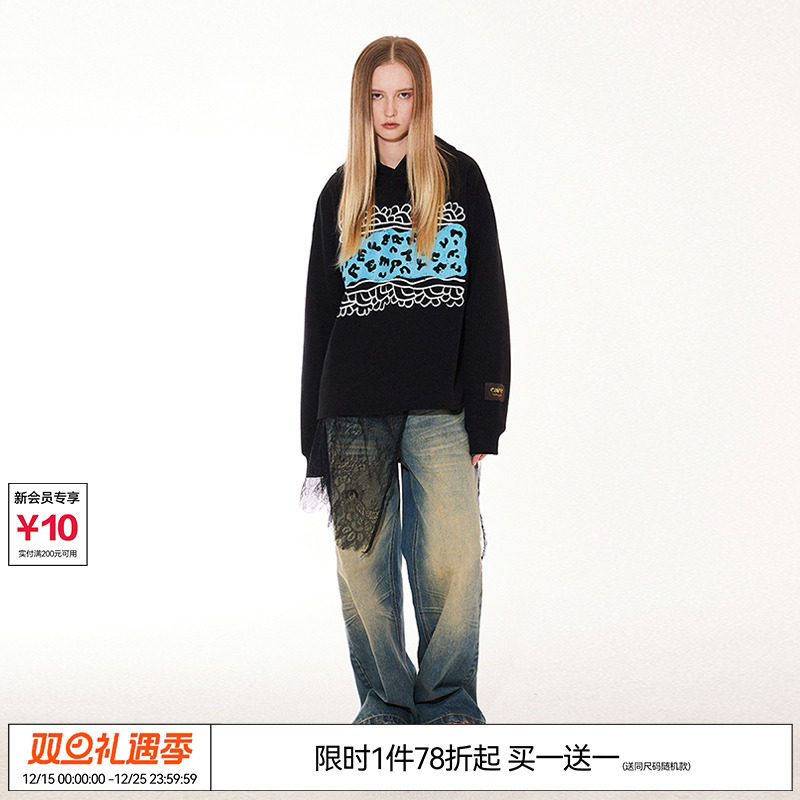 EMPTY REFERENCE美式复古原创撞色豹纹印花长袖连帽卫衣