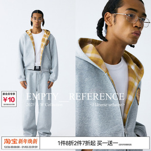 卫衣外套 麻灰格纹拼接刺绣宽松重磅拉链连帽开衫 EMPTY REFERENCE