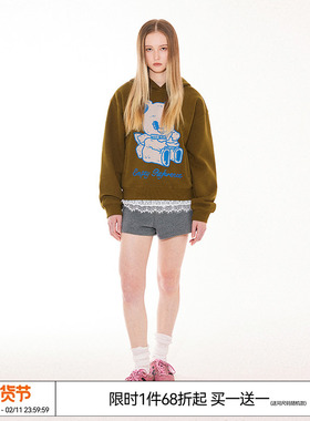 EMPTY REFERENCE美式复古原创手绘天使小熊印花连帽卫衣