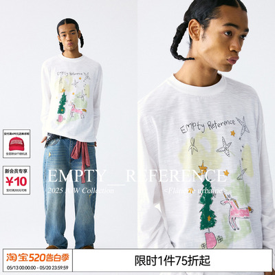 陈奕恒EMPTY REFERENCE纯棉竹节小马与圣诞树印花上衣打底长袖T恤