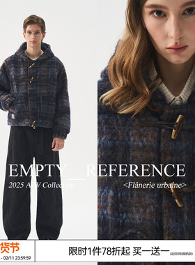 EMPTYREFERENCE蓝棕格纹连帽毛呢外套牛角扣重磅充棉格子夹克棉衣