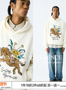 EMPTY REFERENCE 小马与花朵手绘印花杏色宽松休闲重磅连帽卫衣