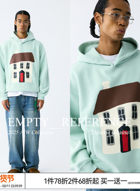 EMPTY REFERENCE 薄荷绿手绘童话房子印花宽松长袖重磅连帽卫衣