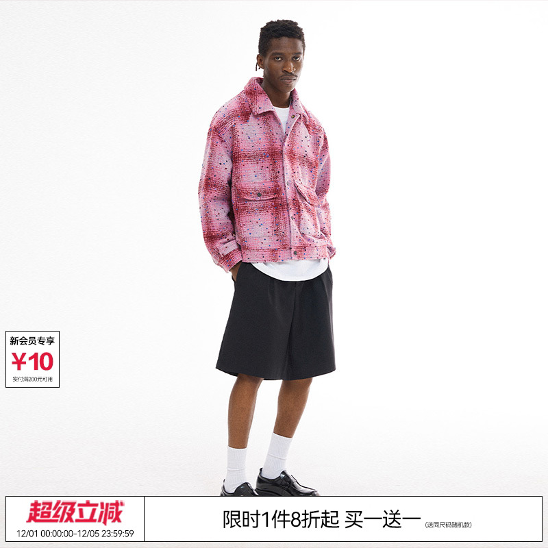 吴克群 十个勤天EMPTY REFERENCE复古分割粗花呢粉色格子夹克外套