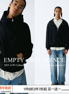 EMPTY REFERENCE 黑色结构分割廓形宽松拉链开衫外套重磅连帽卫衣