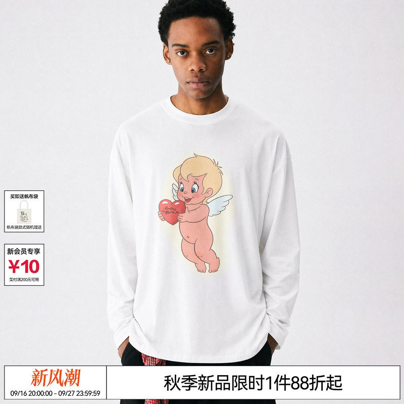 EMPTY REFERENCE纯棉手绘爱心天使印花上衣打底衫休闲长袖T恤男女图片