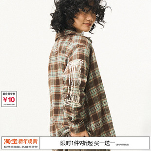 衬衫 EMPTY 子罗马柱印花长袖 复古原创袖 格子衬衣 REFERENCE美式