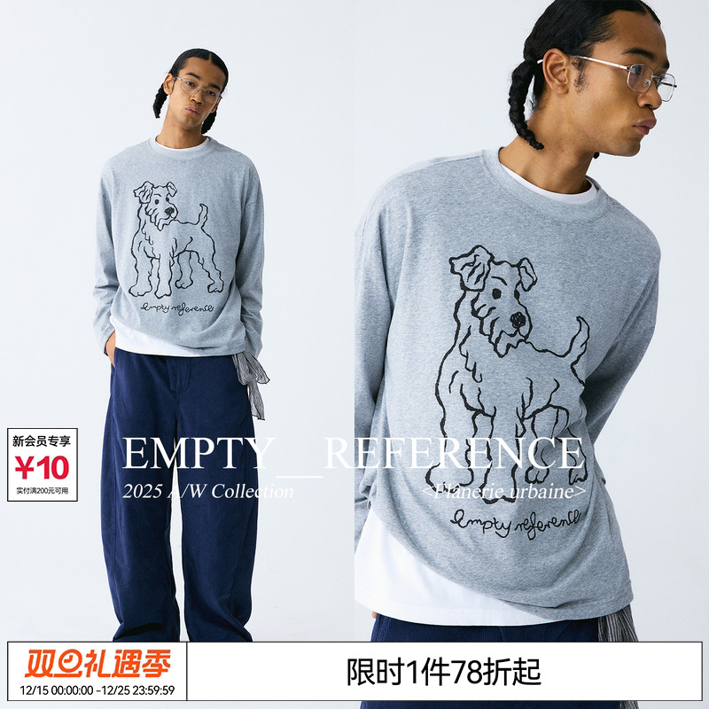 EMPTY REFERENCE 雪花肌理手绘猎狐梗印花上衣宽松长袖T恤打底衫