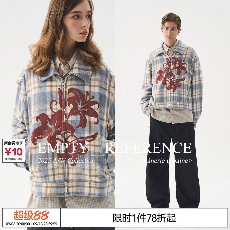 EMPTY REFERENCE 蓝棕格纹毛呢花朵印花宽松休闲拉链翻领夹克外套