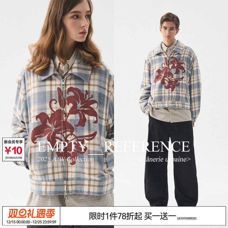 EMPTY REFERENCE 蓝棕格纹毛呢花朵印花宽松休闲拉链翻领夹克外套