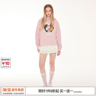 复古原创蕾丝爱心小狗印花粉色长袖 美式 连帽卫衣 REFERENCE EMPTY