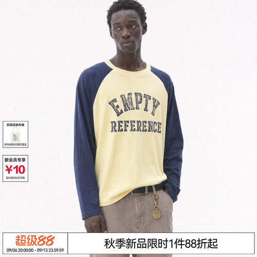 EMPTY REFERENCE 奶油黄藏青插肩斑驳印花雪花棉复古宽松长袖T恤