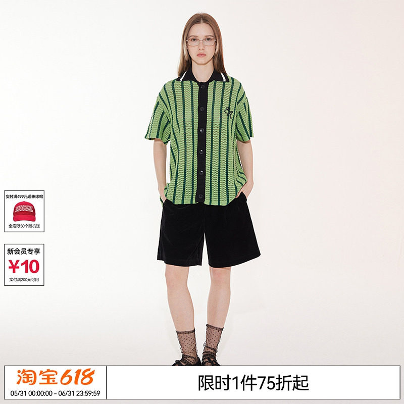 EMPTY REFERENCE 美式复古镂空质感翻领度假编织拼色条纹短袖衬衫