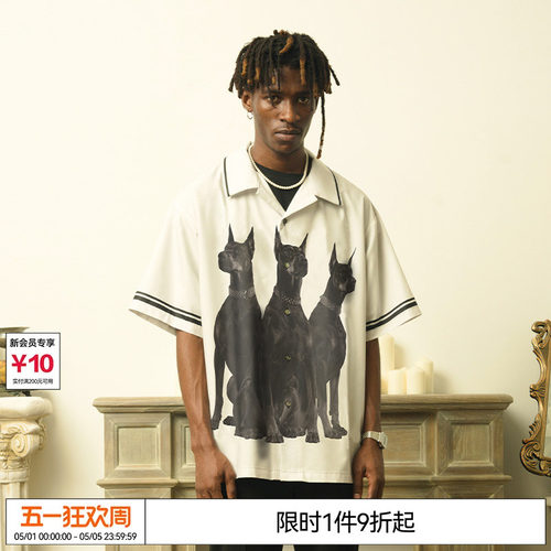 灰白色杜宾犬印花古巴领短袖衬衫