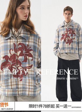 EMPTY REFERENCE 蓝棕格纹毛呢花朵印花宽松休闲拉链翻领夹克外套