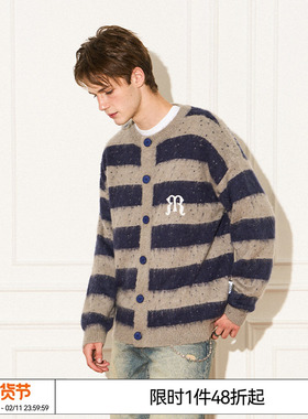 特惠7折 何与 EMPTY REFERENCE 蓝灰条纹刺绣马海毛羊毛开衫