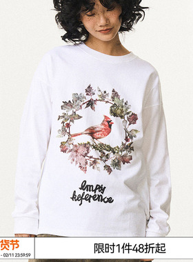 特惠6折起 EMPTY REFERENCE 复古小鸟印花打底上衣宽松长袖T恤