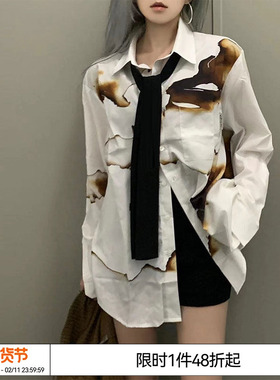 特惠6折起EMPTY REFERENCE 灰烬印花长袖衬衫男女潮宽松休闲衬衣