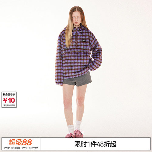 特惠6折起 EMPTY REFERENCE复古拼色格纹刷毛大口袋抽绳连帽卫衣