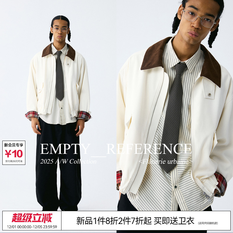EMPTY REFERENCE 拼色翻领复古格纹袖牌白色灯芯绒宽松夹克外套