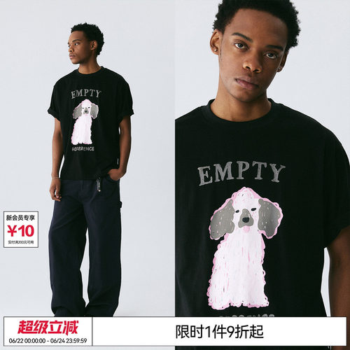 EMPTY REFERENCE 黑色雪花肌理霓虹贵宾犬印花上衣短袖T恤打底衫