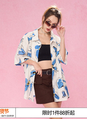 李维嘉 赵牧辰 EMPTY REFERENCE 复古蓝白色手绘花朵衬衫短袖衬衣