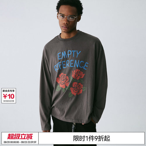 EMPTY REFERENCE 碳灰色手绘斑驳玫瑰印花雪花棉宽松上衣长袖T恤
