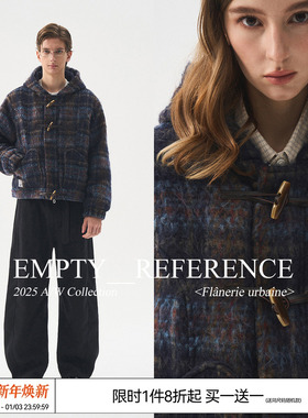 EMPTYREFERENCE蓝棕格纹连帽毛呢外套牛角扣重磅充棉格子夹克棉衣