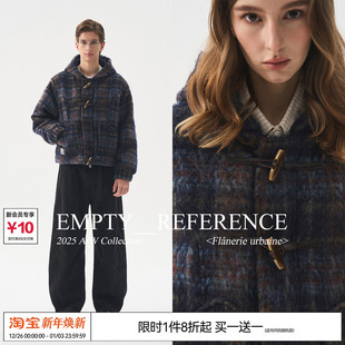 EMPTYREFERENCE蓝棕格纹连帽毛呢外套牛角扣重磅充棉格子夹克棉衣