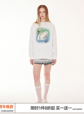 EMPTY REFERENCE 美式复古宽松手绘冰湖天鹅打底衫长袖T恤