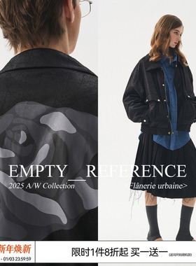 EMPTY REFERENCE 黑色斑驳环保仿皮革玫瑰印花拉链翻领夹克外套