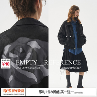 EMPTY 黑色斑驳环保仿皮革玫瑰印花拉链翻领夹克外套 REFERENCE