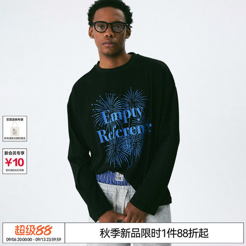 EMPTY REFERENCE黑色上衣复古烟火字母印花雪花棉宽松打底长袖T恤