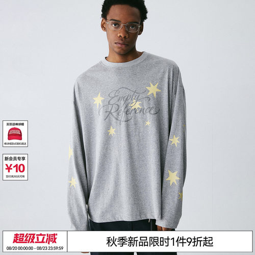 EMPTY REFERENCE 麻灰色手绘星夜字母印花上衣雪花棉宽松长袖T恤