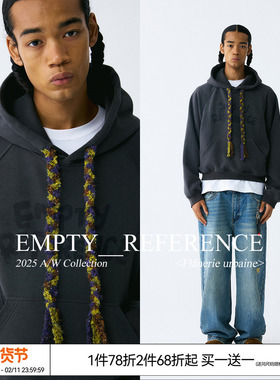 EMPTY REFERENCE 碳灰结构分割编织抽绳短款宽松长袖重磅连帽卫衣