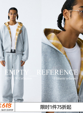 EMPTY REFERENCE 麻灰格纹拼接刺绣宽松重磅拉链连帽开衫卫衣外套