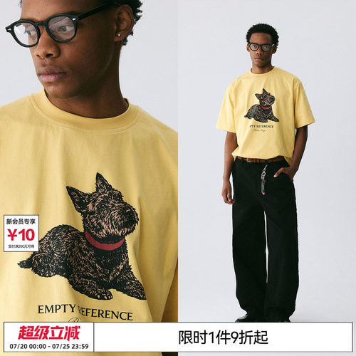 EMPTY REFERENCE 奶油黄复古小狗印花240G索罗那凉感宽松短袖T恤
