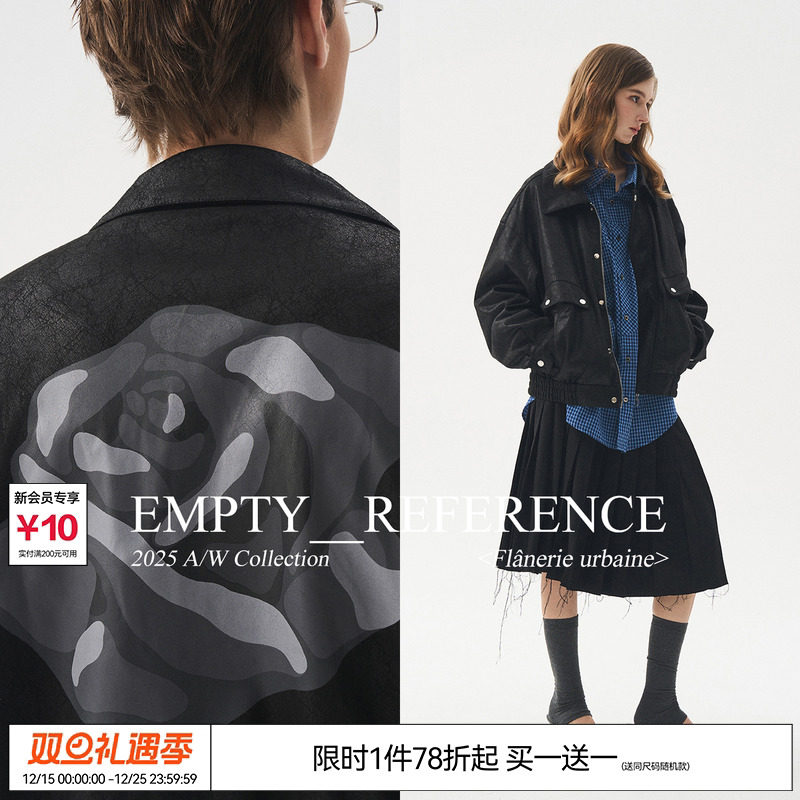 EMPTY REFERENCE 黑色斑驳环保仿皮革玫瑰印花拉链翻领夹克外套