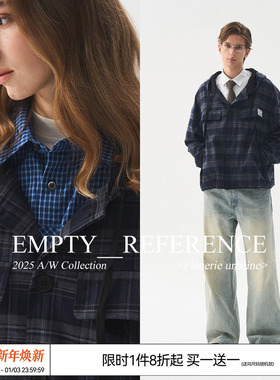 EMPTY REFERENCE 蓝色复古格纹结构抽绳宽松纽扣连帽夹克格子外套