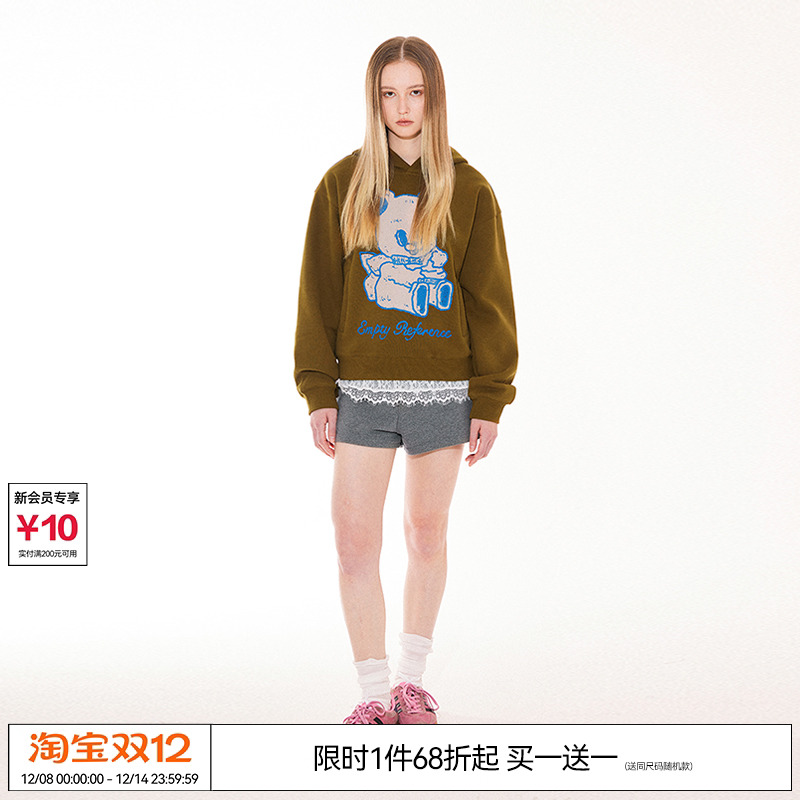 EMPTY REFERENCE美式复古原创手绘天使小熊印花连帽卫衣