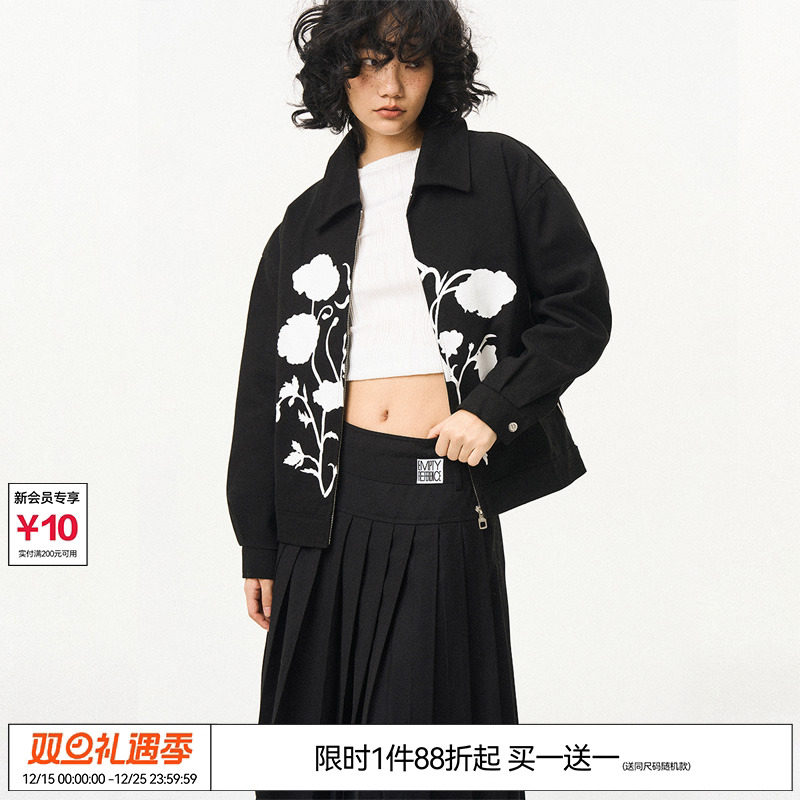 EMPTY REFERENCE 美式复古原创丝印白色花束宽松休闲翻领夹克外套