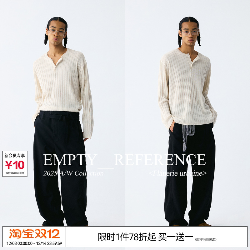 EMPTYREFERENCE亚麻莱赛尔混纺编织暗条纹老钱亨利领针织衫打底衫
