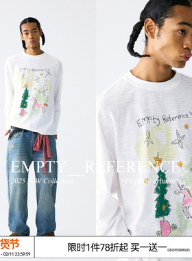 EMPTY REFERENCE纯棉竹节棉手绘小马与圣诞树印花上衣打底长袖T恤